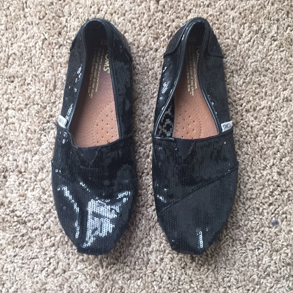 TOMS Classic Black Sequin Slip-on Flats Shoes 6W